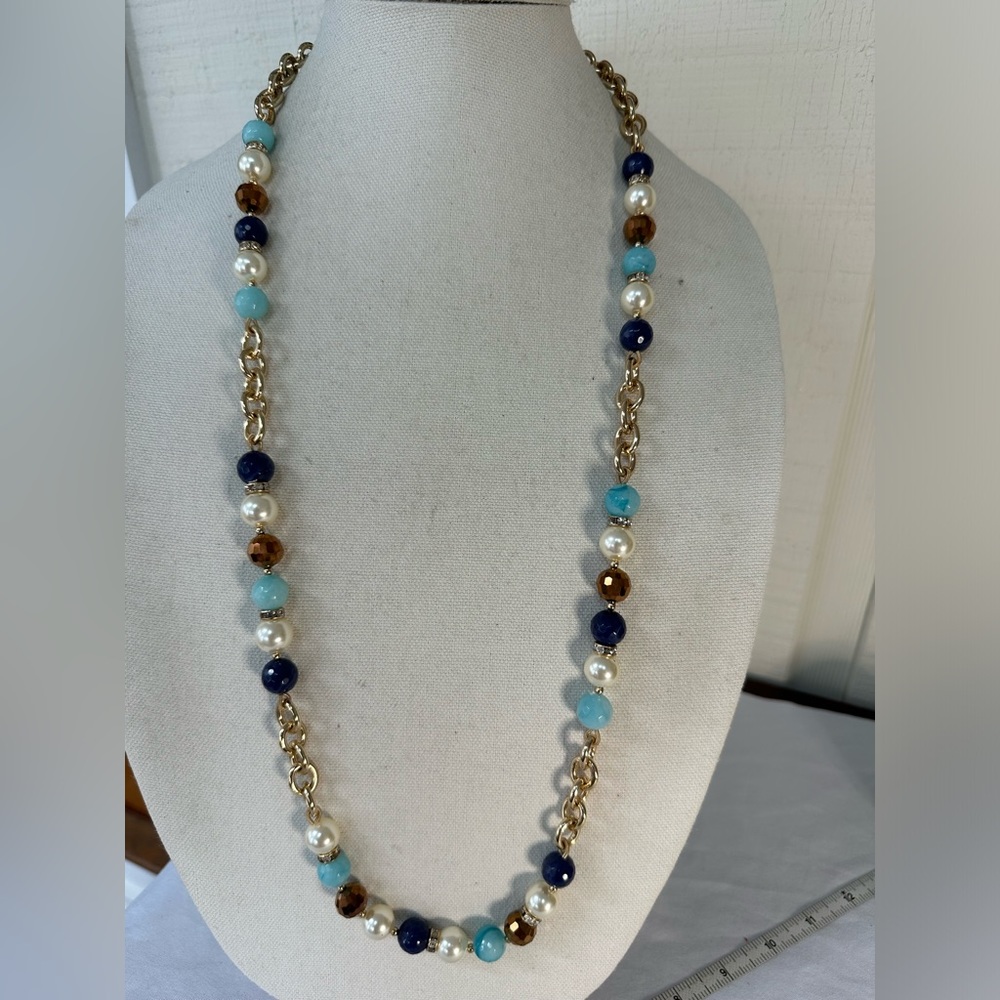 Vintage long BB gold and pearl bead statement necklace
